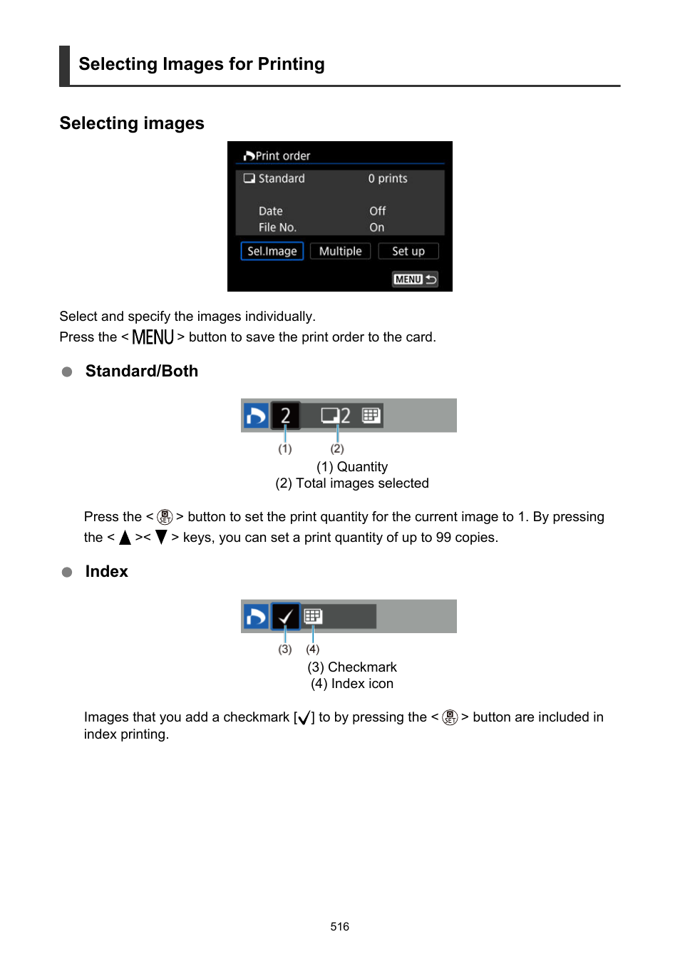 Selecting images for printing selecting images | Canon EOS R50 Mirrorless Camera (White) User Manual | Page 516 / 810