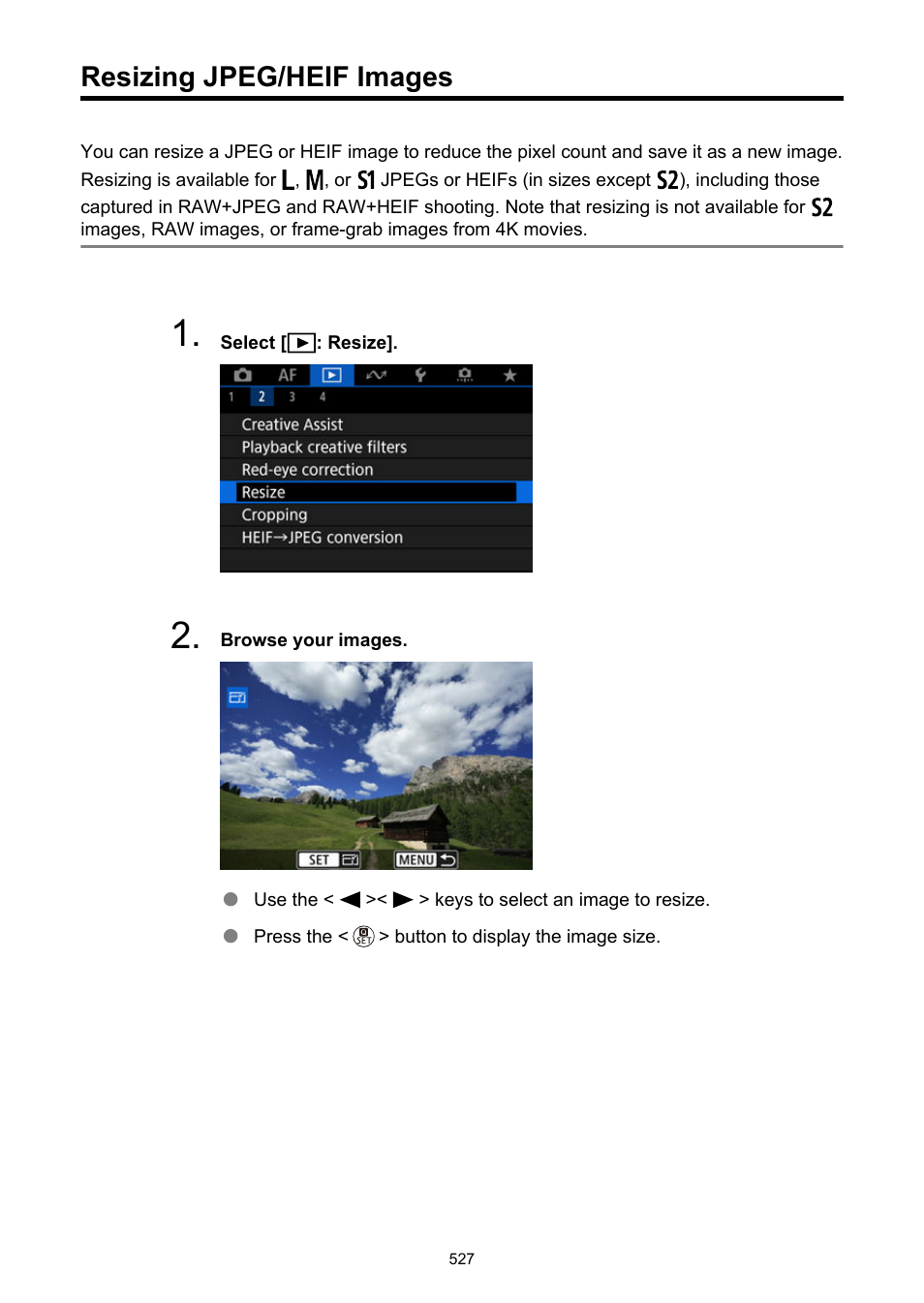 Resizing jpeg/heif images, Resize | Canon EOS R50 Mirrorless Camera (White) User Manual | Page 527 / 810