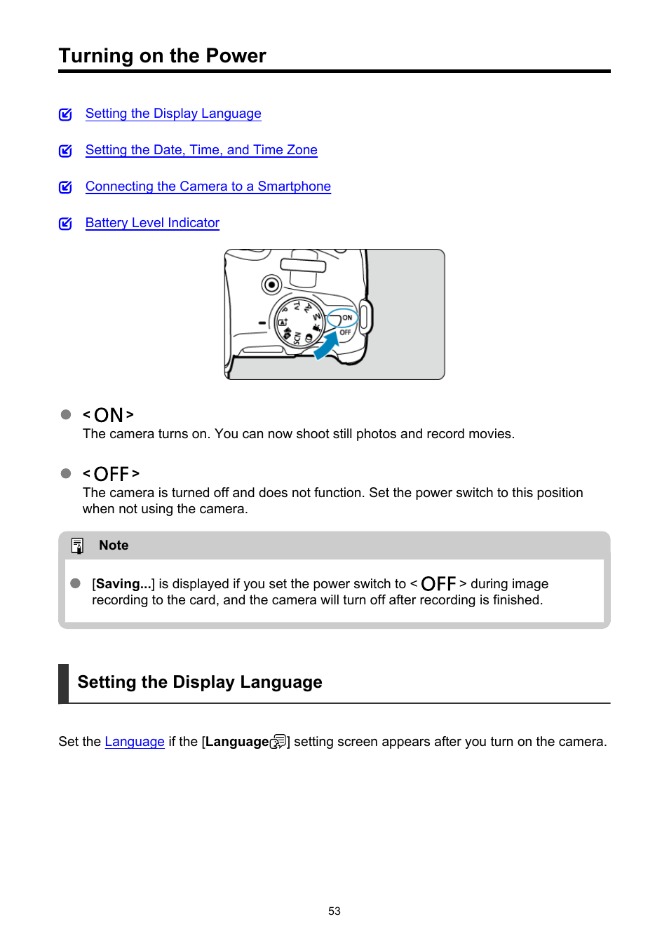 Turning on the power, Setting the display language | Canon EOS R50 Mirrorless Camera (White) User Manual | Page 53 / 810