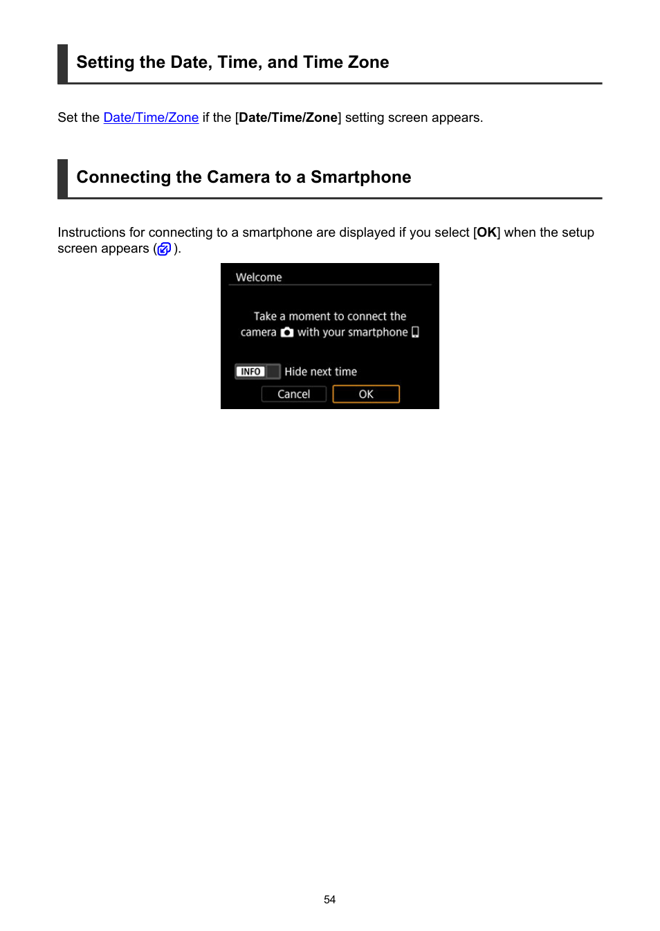 Setting the date, time, and time zone, Connecting the camera to a smartphone | Canon EOS R50 Mirrorless Camera (White) User Manual | Page 54 / 810
