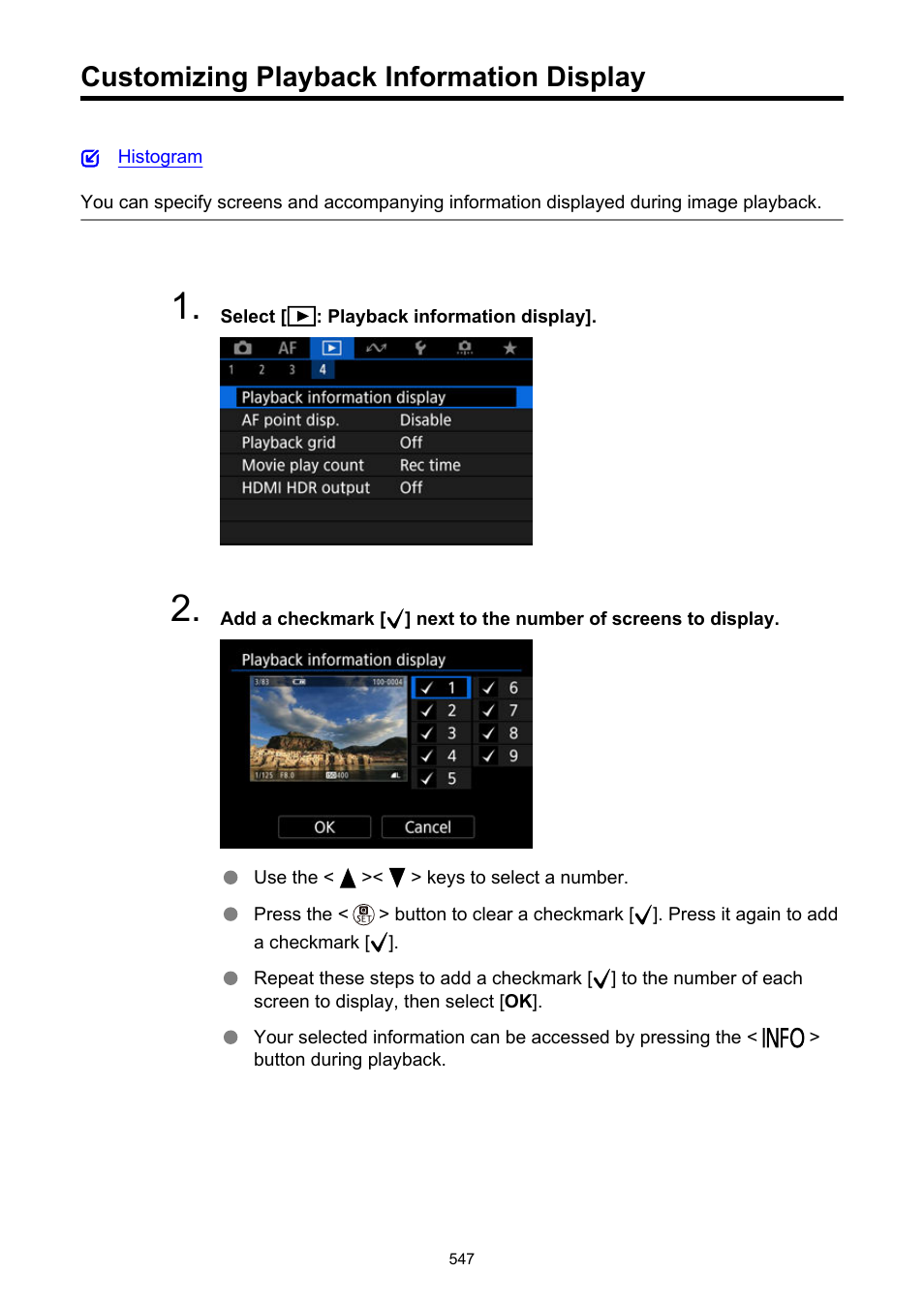 Customizing playback information display, Playback information display | Canon EOS R50 Mirrorless Camera (White) User Manual | Page 547 / 810