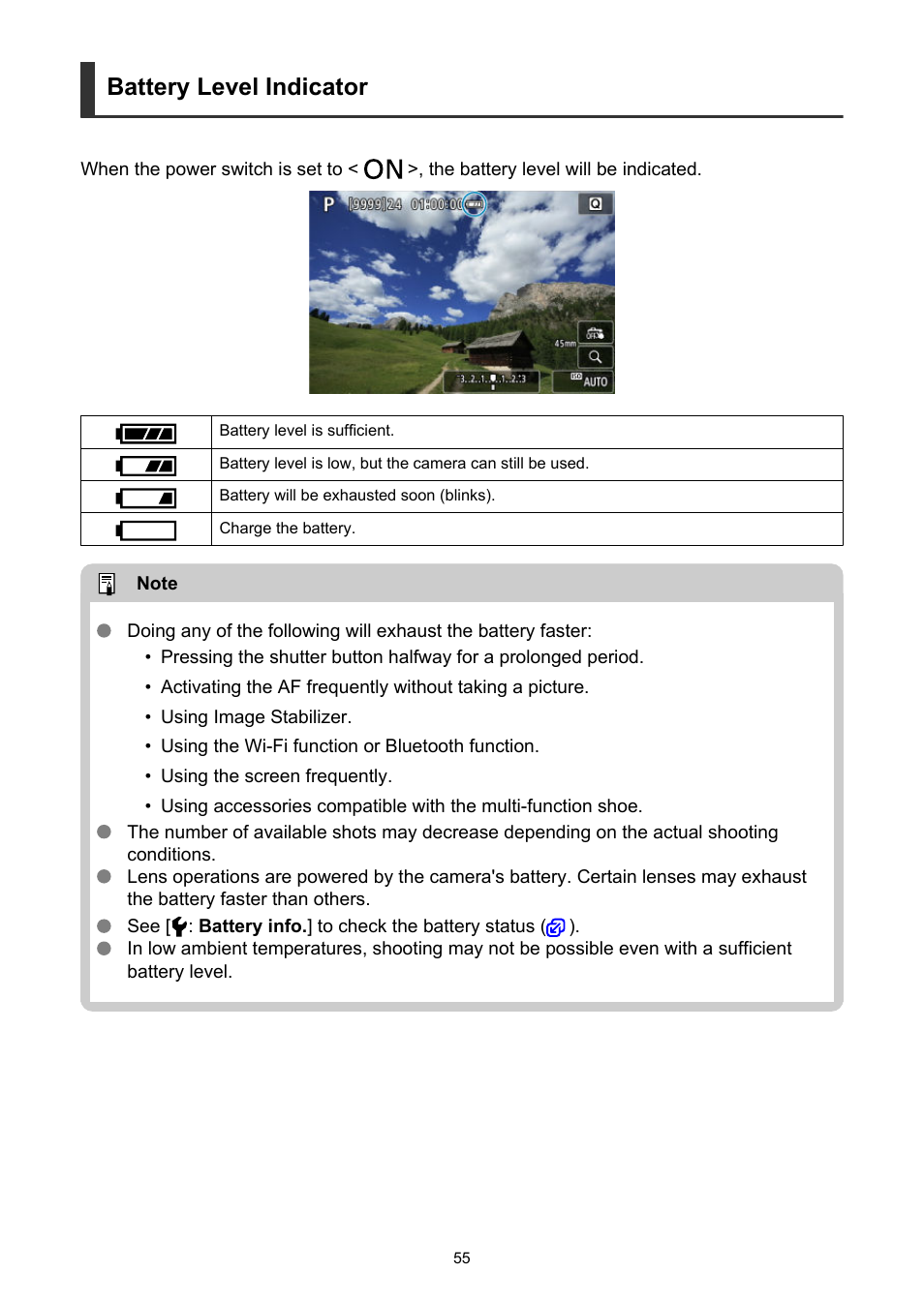 Battery level indicator | Canon EOS R50 Mirrorless Camera (White) User Manual | Page 55 / 810