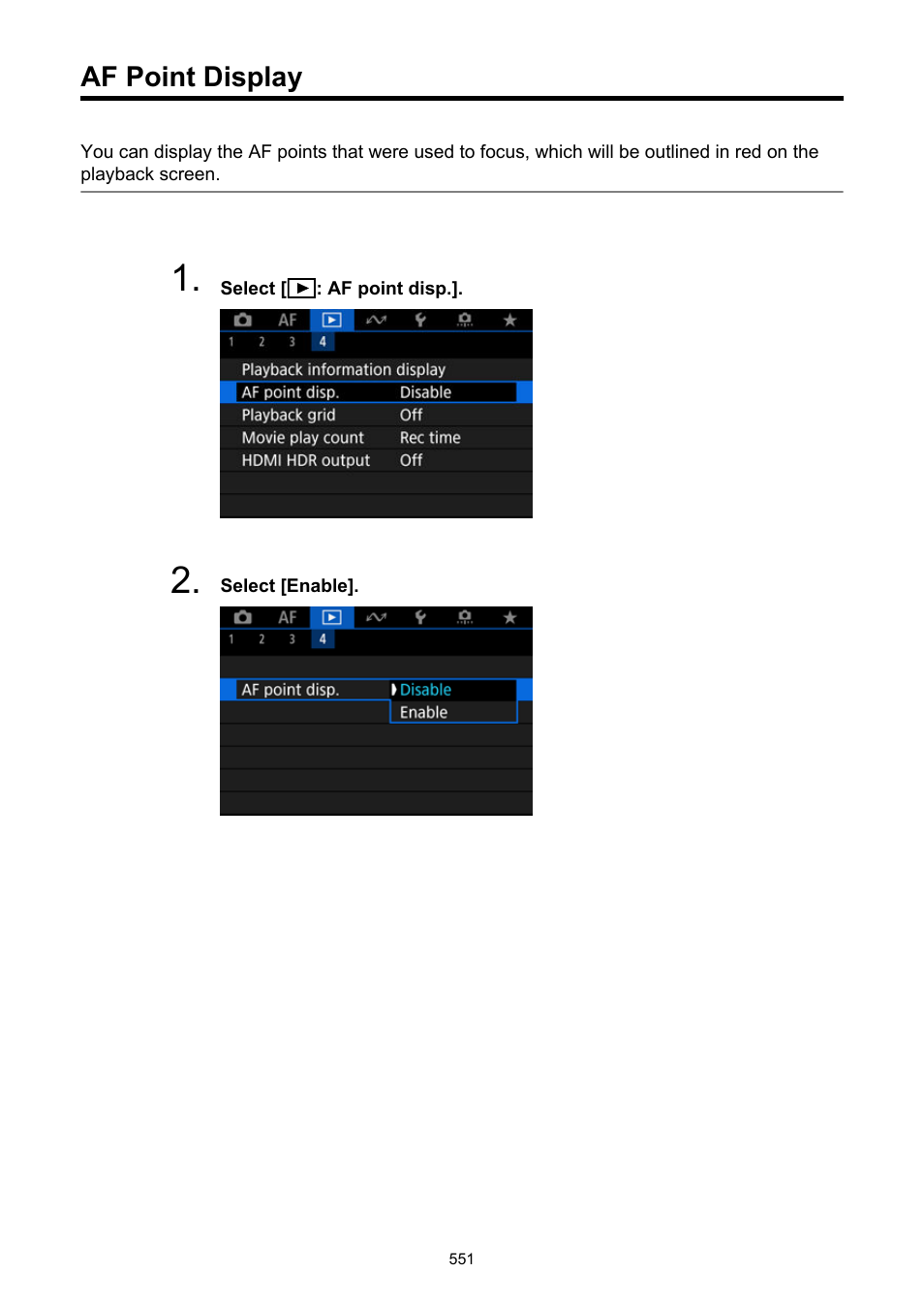 Af point display, Af point disp | Canon EOS R50 Mirrorless Camera (White) User Manual | Page 551 / 810