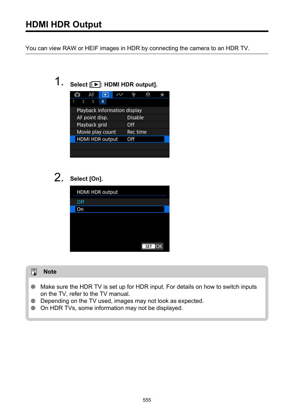 Hdmi hdr output | Canon EOS R50 Mirrorless Camera (White) User Manual | Page 555 / 810
