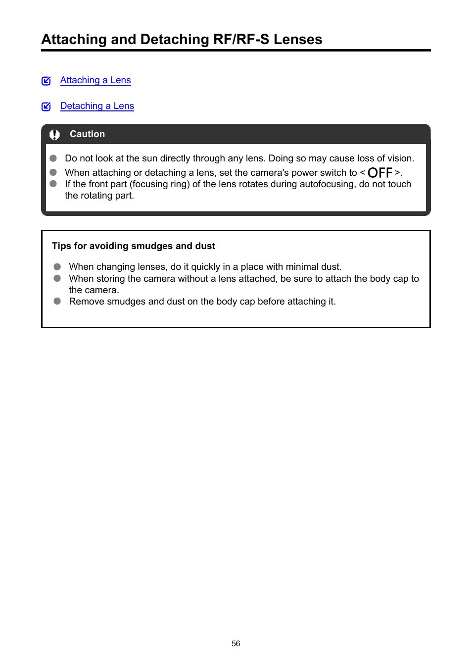 Attaching and detaching rf/rf-s lenses | Canon EOS R50 Mirrorless Camera (White) User Manual | Page 56 / 810