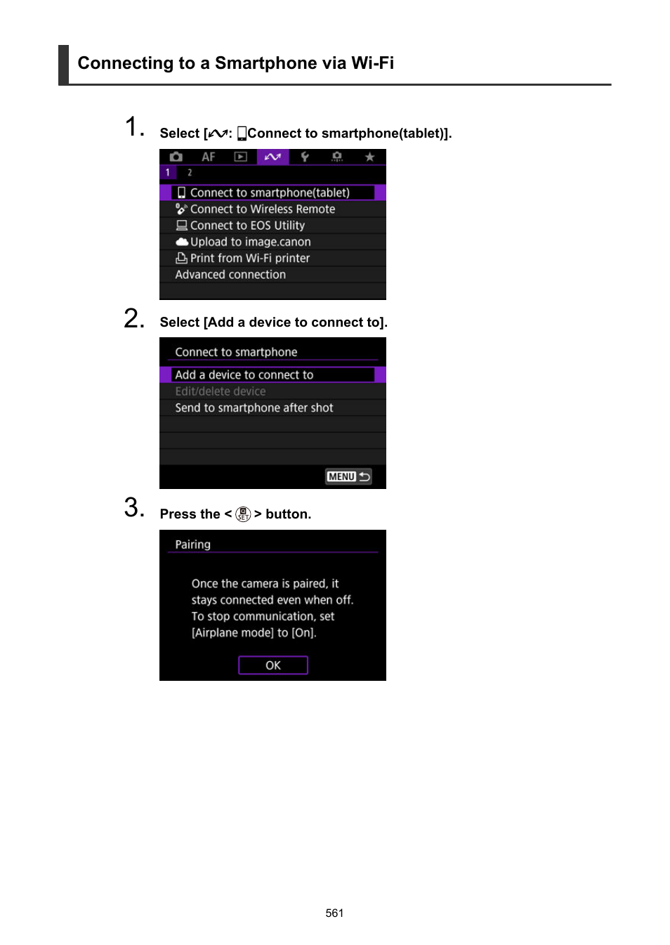 Connecting to a smartphone via wi-fi | Canon EOS R50 Mirrorless Camera (White) User Manual | Page 561 / 810