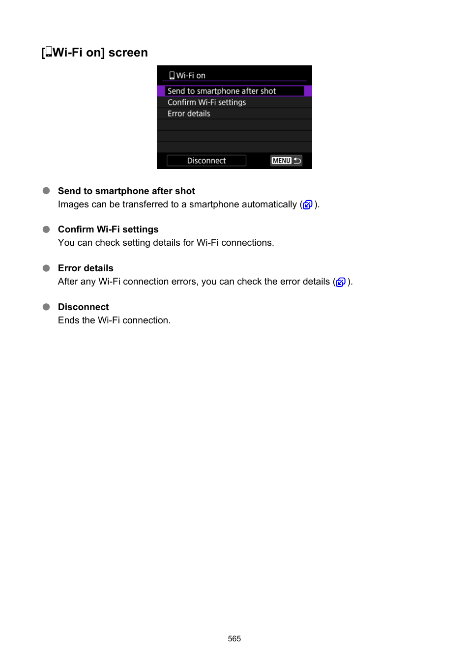 Wi-fi on] screen | Canon EOS R50 Mirrorless Camera (White) User Manual | Page 565 / 810