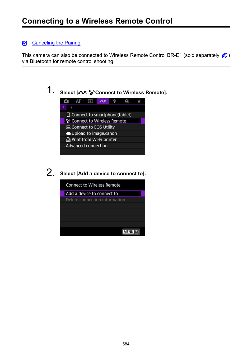 Connecting to a wireless remote control, Br-e1 with the camera, Connect to wireless remote | Canon EOS R50 Mirrorless Camera (White) User Manual | Page 584 / 810