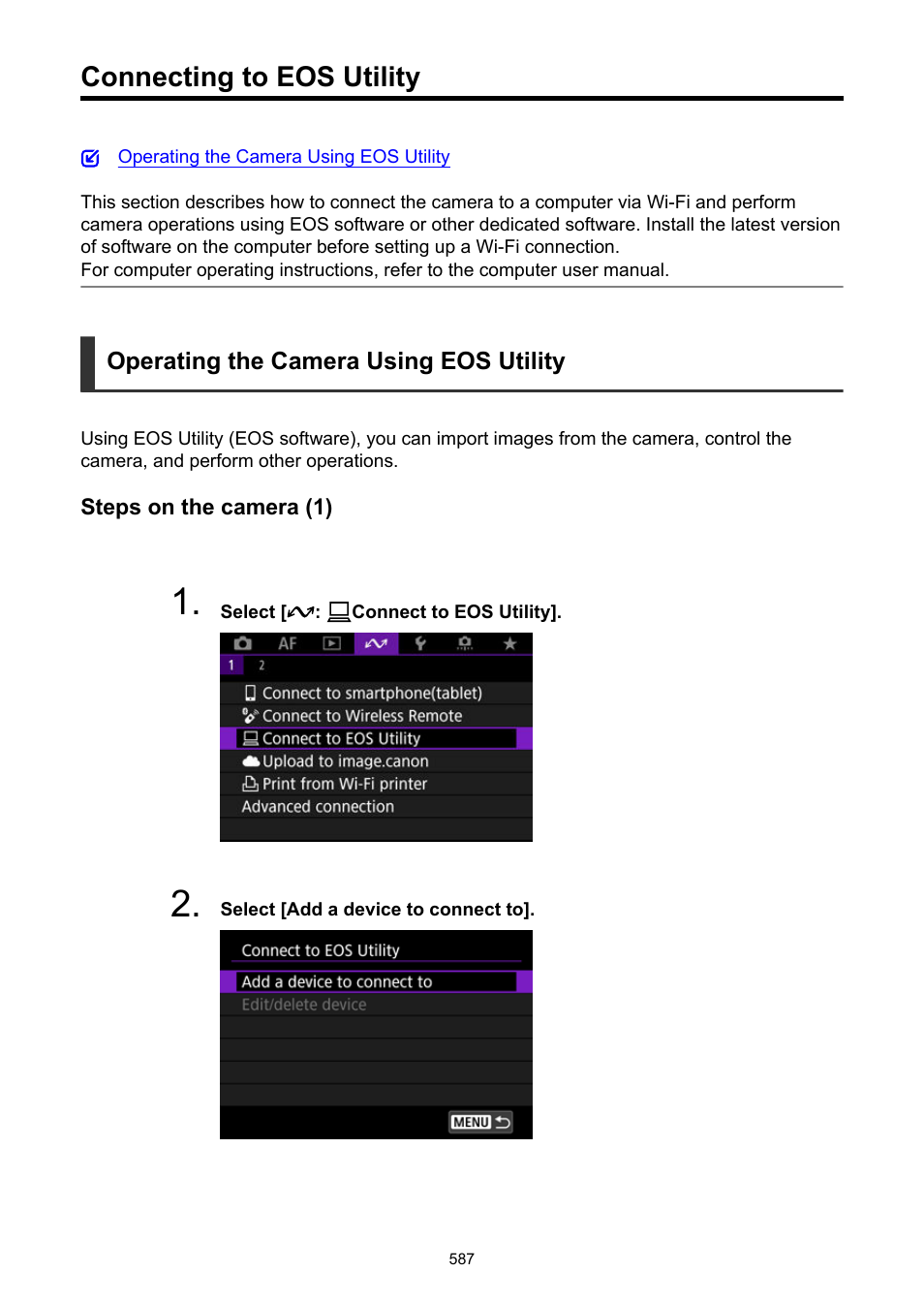 Connecting to eos utility, Connect to eos utility | Canon EOS R50 Mirrorless Camera (White) User Manual | Page 587 / 810