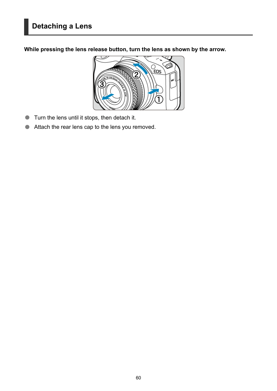 Detaching a lens | Canon EOS R50 Mirrorless Camera (White) User Manual | Page 60 / 810