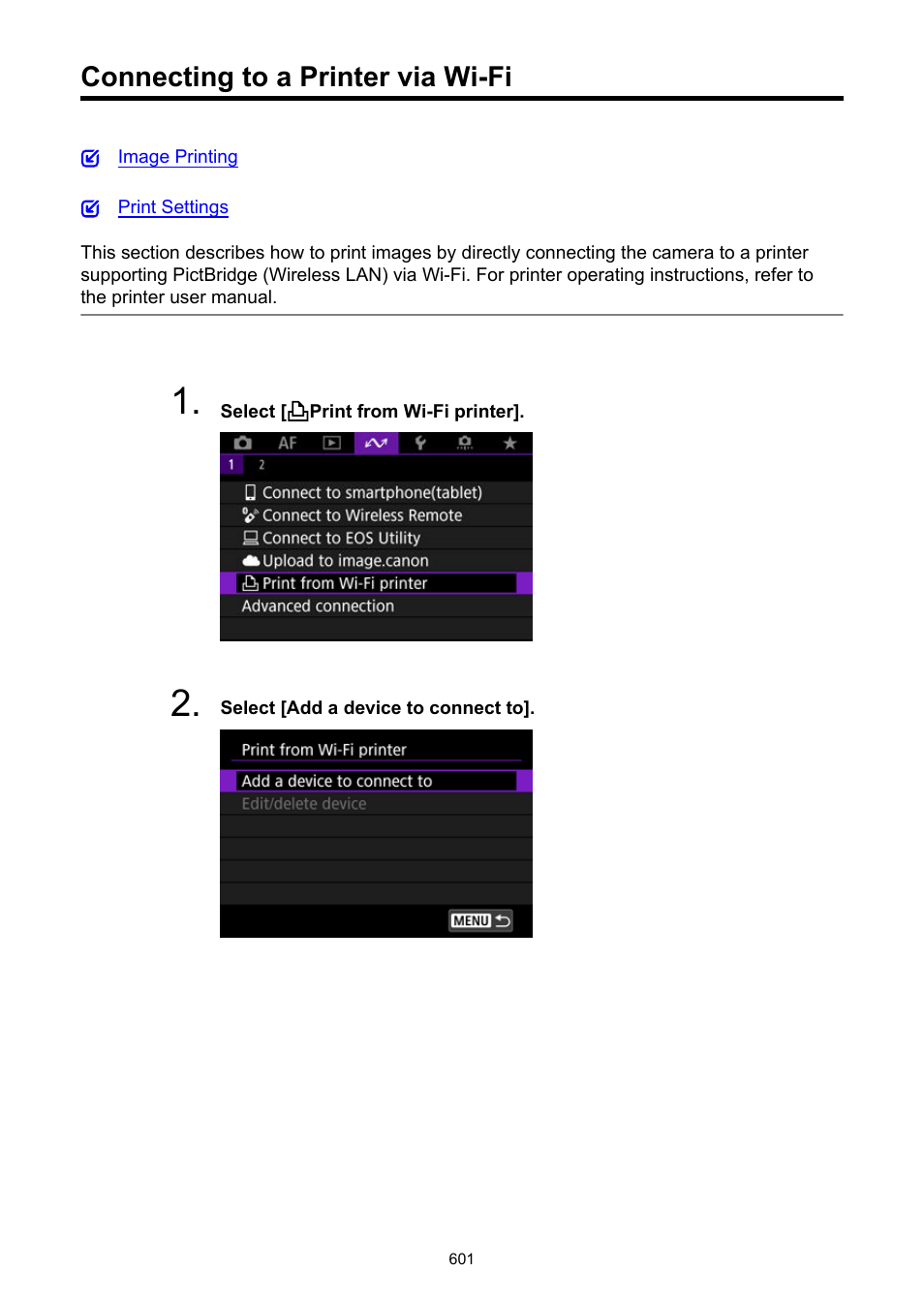 Connecting to a printer via wi-fi, Print from wi-fi printer | Canon EOS R50 Mirrorless Camera (White) User Manual | Page 601 / 810