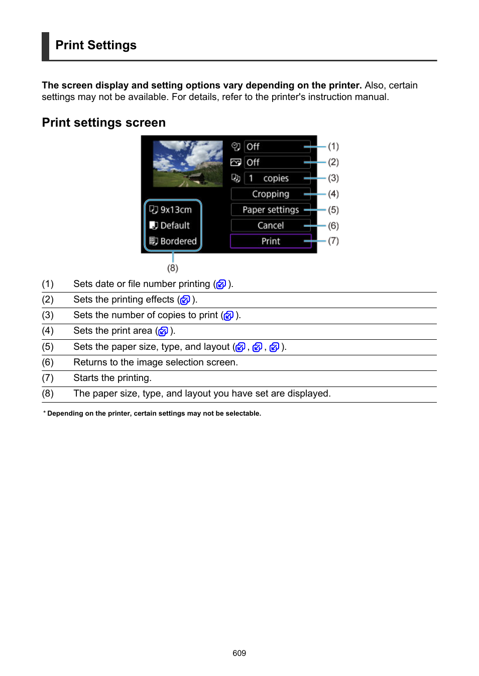 Print settings, Print settings screen | Canon EOS R50 Mirrorless Camera (White) User Manual | Page 609 / 810