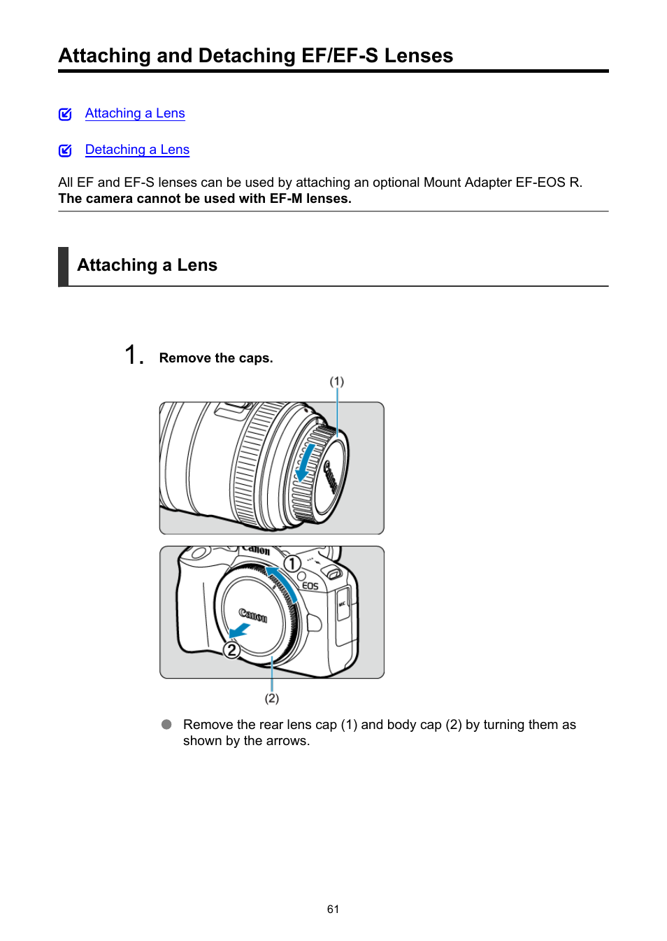Attaching and detaching ef/ef-s lenses | Canon EOS R50 Mirrorless Camera (White) User Manual | Page 61 / 810