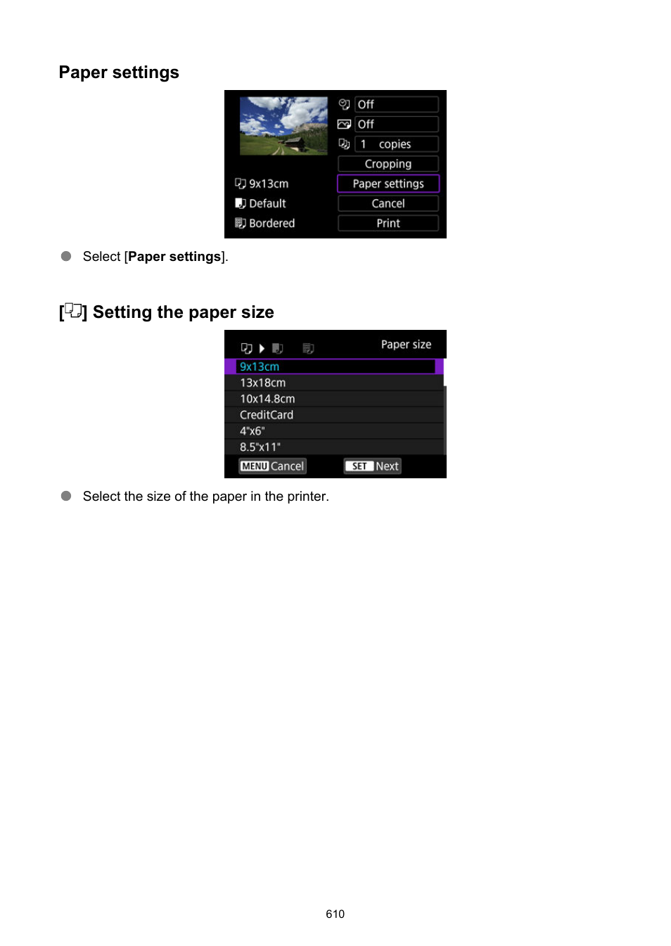 Sets the paper size, type, and layout, Paper settings, Setting the paper size | Canon EOS R50 Mirrorless Camera (White) User Manual | Page 610 / 810