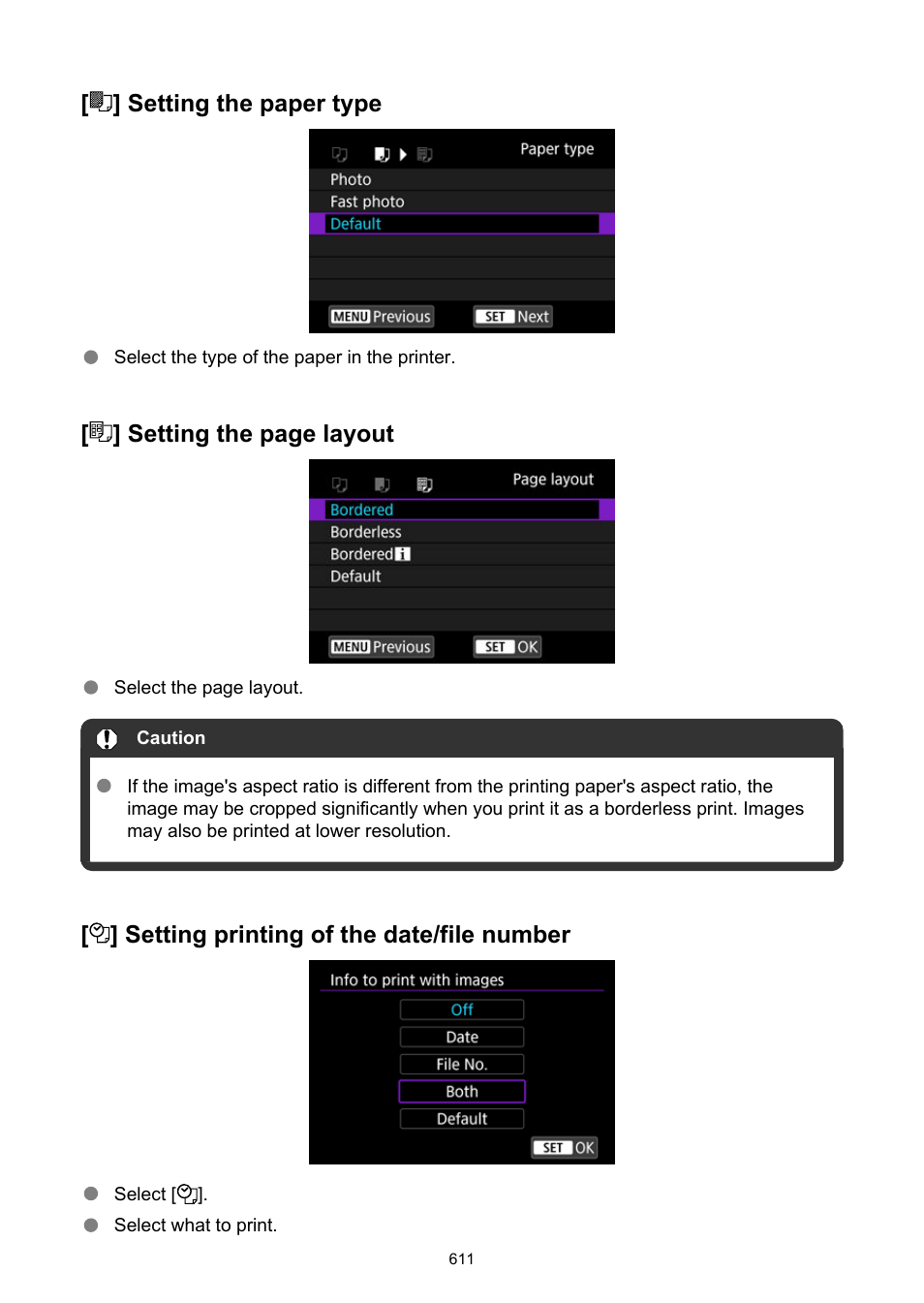 Sets date or file number printing, Setting the paper type, Setting the page layout | Setting printing of the date/file number | Canon EOS R50 Mirrorless Camera (White) User Manual | Page 611 / 810