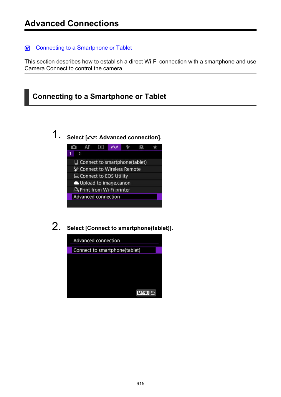 Advanced connections, Advanced connection, Using bluetooth | Canon EOS R50 Mirrorless Camera (White) User Manual | Page 615 / 810