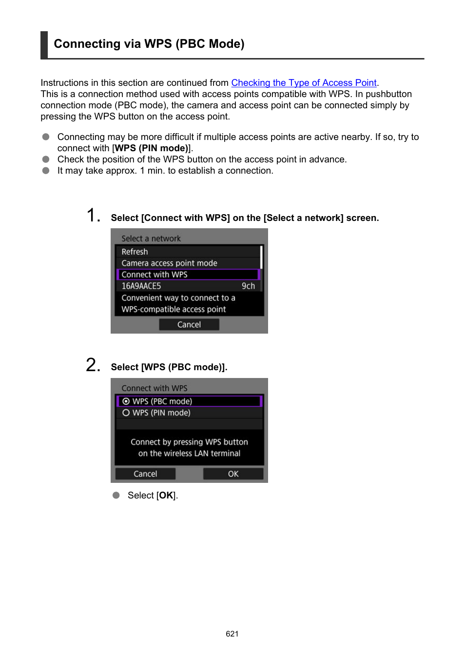 Connecting via wps (pbc mode) | Canon EOS R50 Mirrorless Camera (White) User Manual | Page 621 / 810