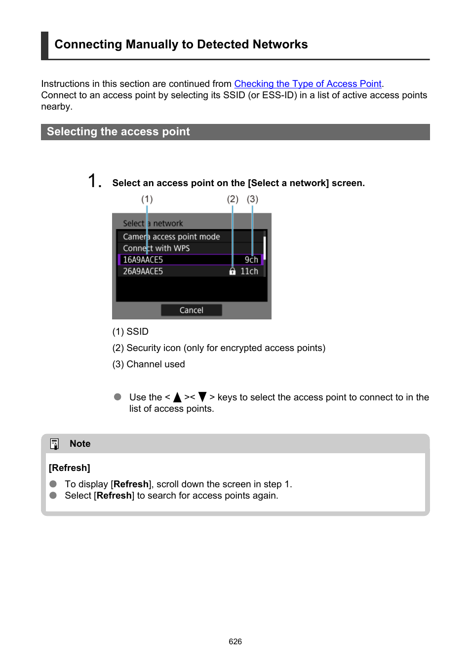 Connecting manually to detected networks | Canon EOS R50 Mirrorless Camera (White) User Manual | Page 626 / 810