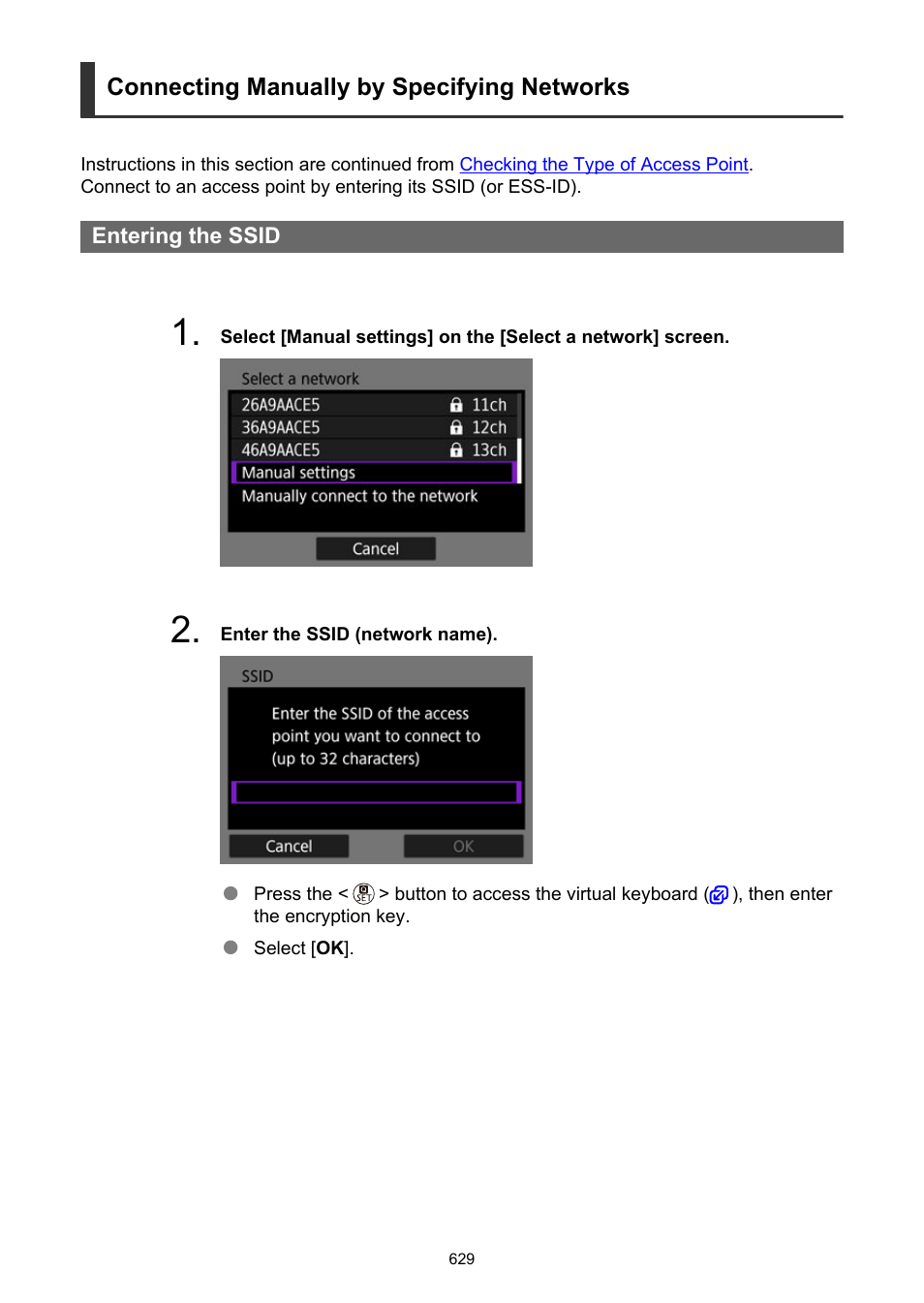 Connecting manually by specifying networks | Canon EOS R50 Mirrorless Camera (White) User Manual | Page 629 / 810