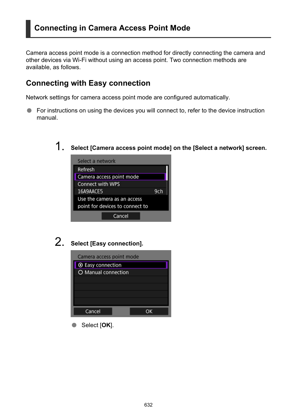 Connecting in camera access point mode | Canon EOS R50 Mirrorless Camera (White) User Manual | Page 632 / 810