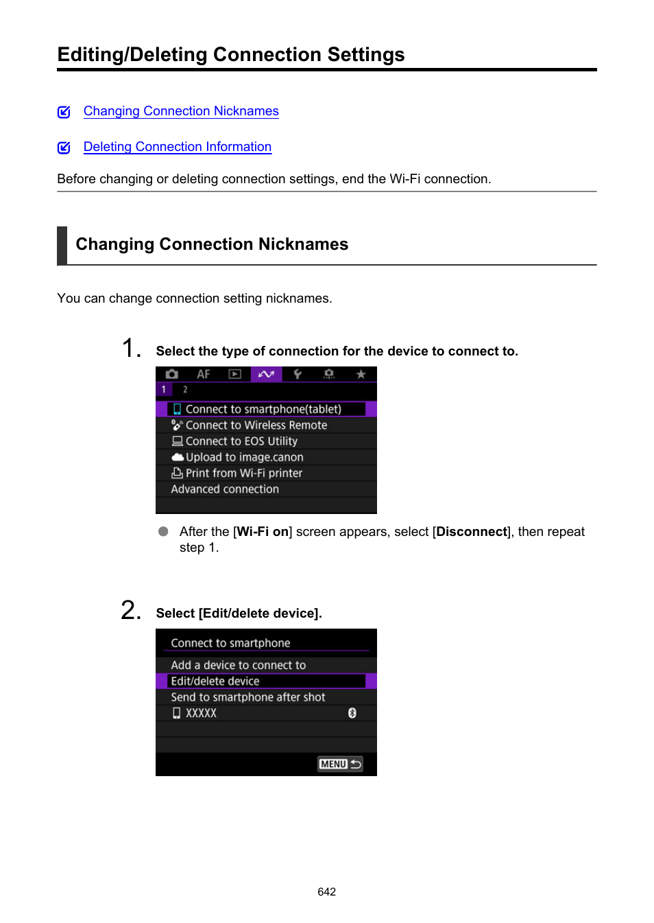 Editing/deleting connection settings | Canon EOS R50 Mirrorless Camera (White) User Manual | Page 642 / 810