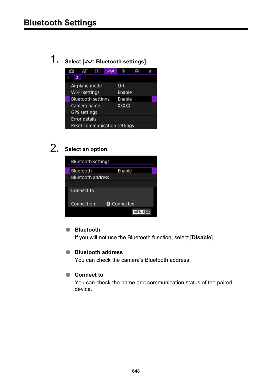 Bluetooth settings | Canon EOS R50 Mirrorless Camera (White) User Manual | Page 648 / 810