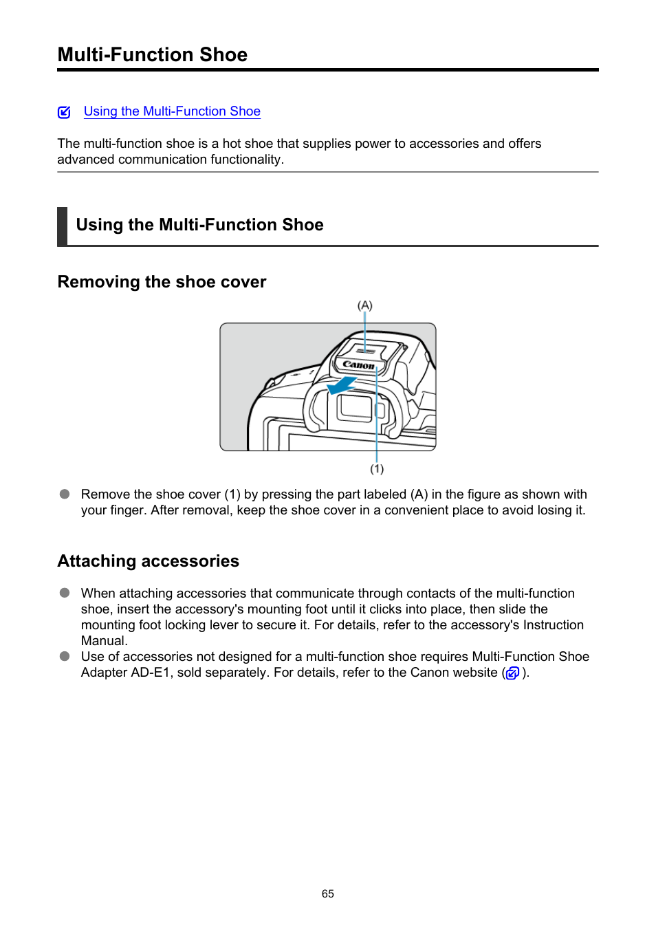 Multi-function shoe | Canon EOS R50 Mirrorless Camera (White) User Manual | Page 65 / 810