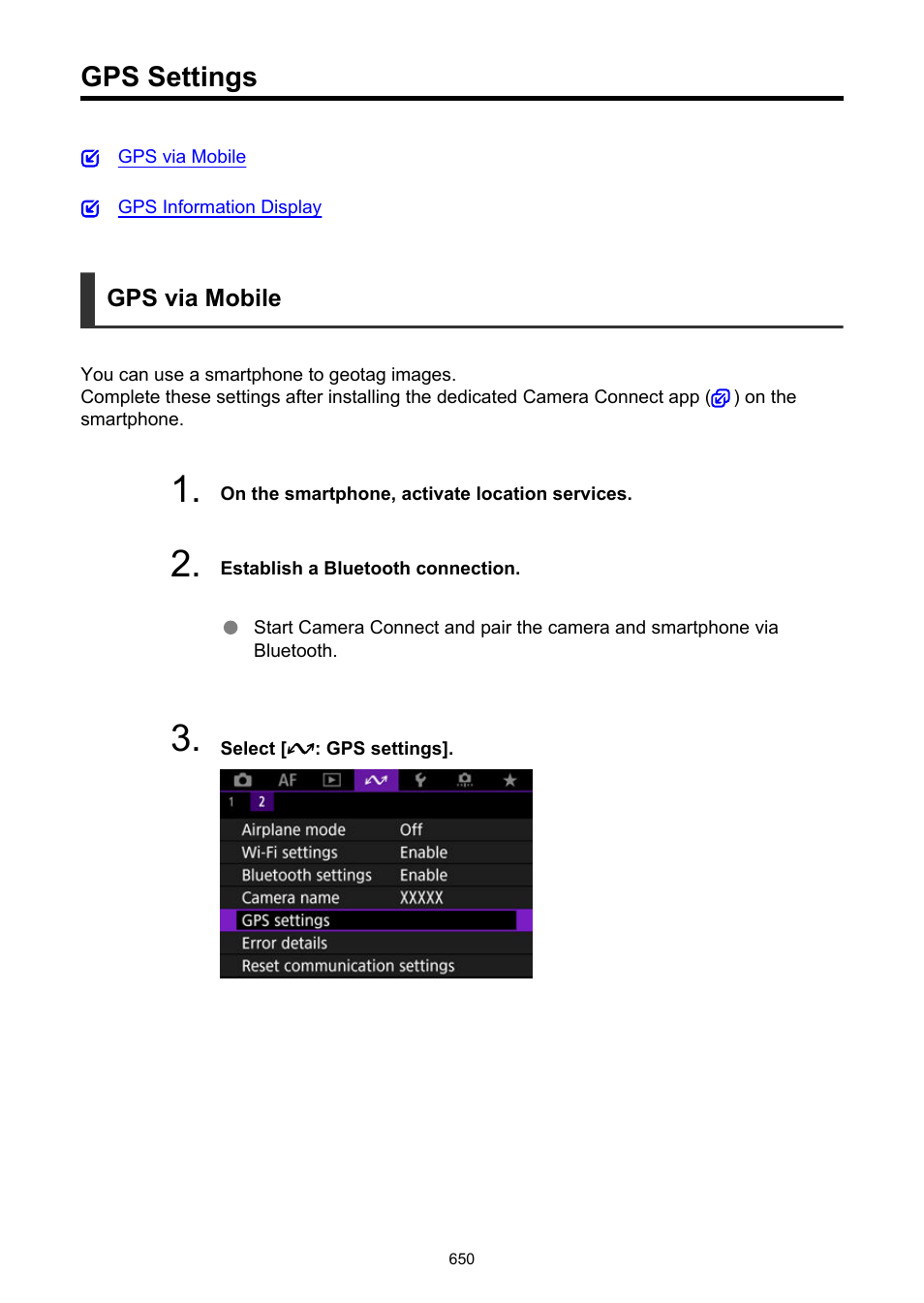 Gps settings | Canon EOS R50 Mirrorless Camera (White) User Manual | Page 650 / 810