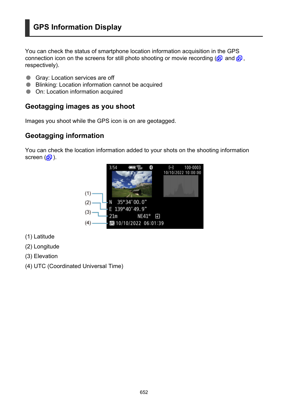 Gps information display | Canon EOS R50 Mirrorless Camera (White) User Manual | Page 652 / 810