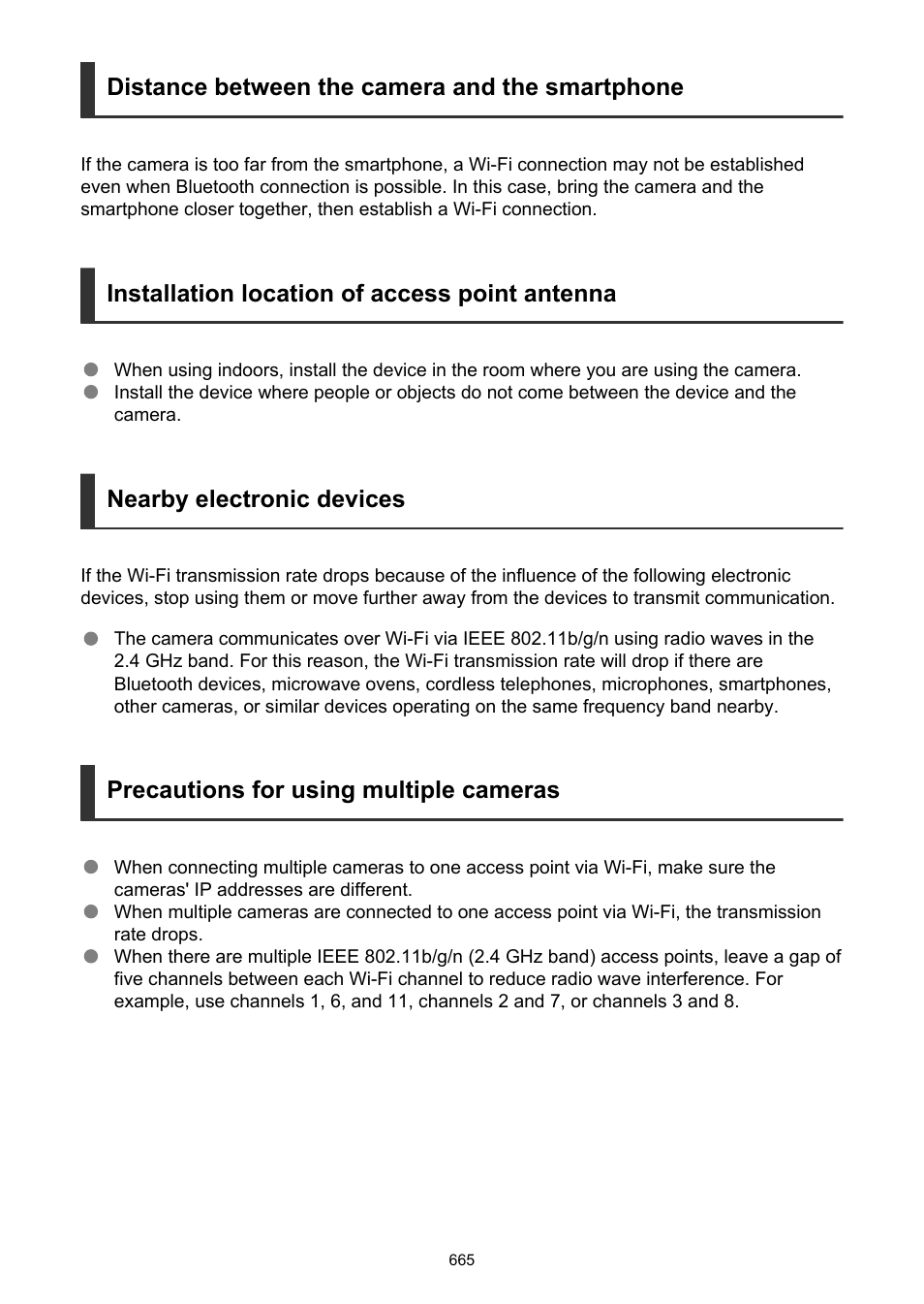 Distance between the camera and the smartphone, Installation location of access point antenna, Nearby electronic devices | Precautions for using multiple cameras | Canon EOS R50 Mirrorless Camera (White) User Manual | Page 665 / 810