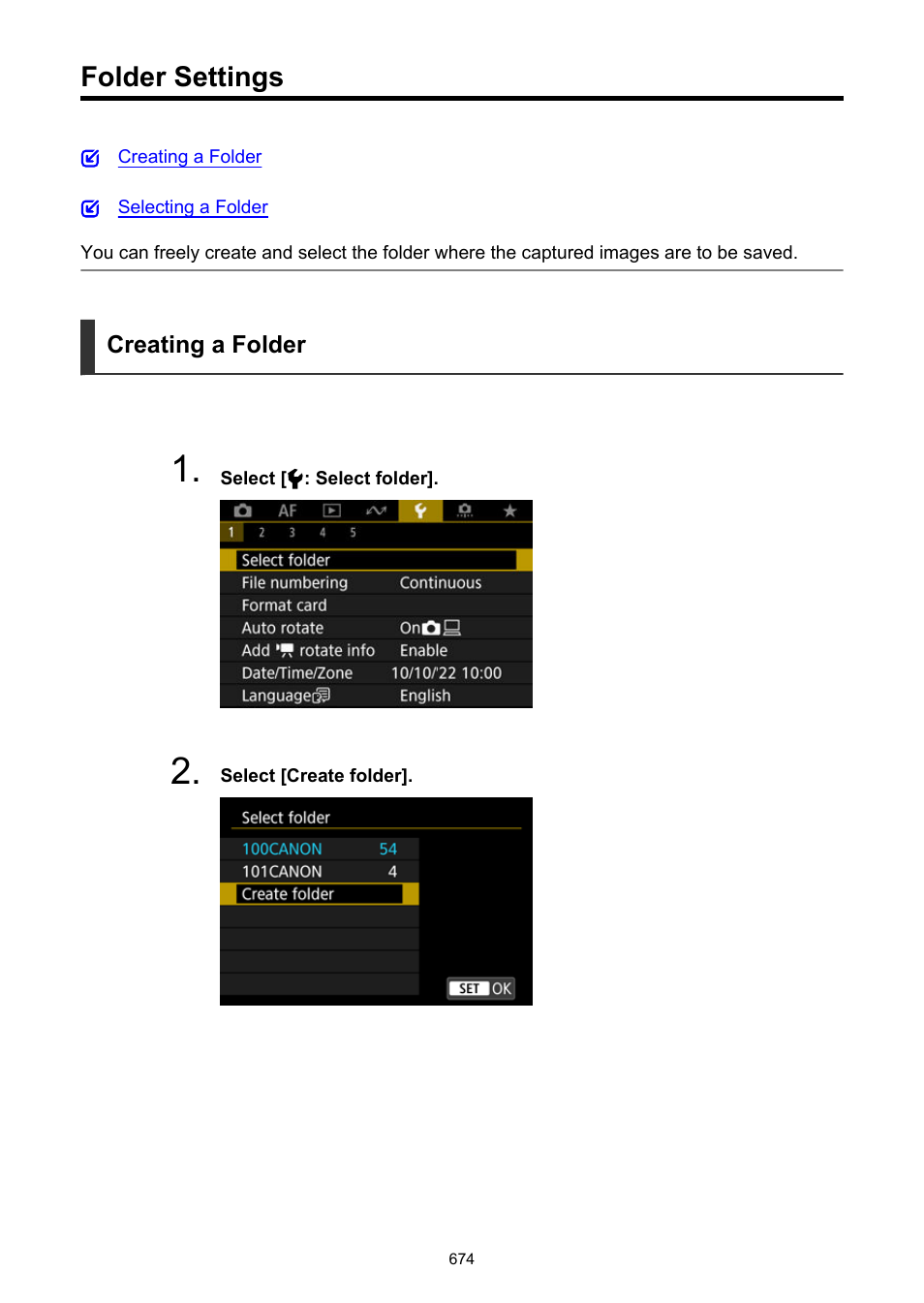 Folder settings, Creating a folder | Canon EOS R50 Mirrorless Camera (White) User Manual | Page 674 / 810