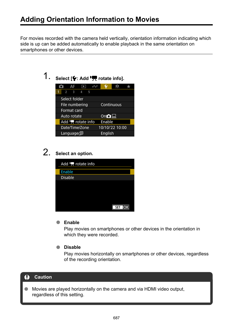 Adding orientation information to movies, Rotate info | Canon EOS R50 Mirrorless Camera (White) User Manual | Page 687 / 810