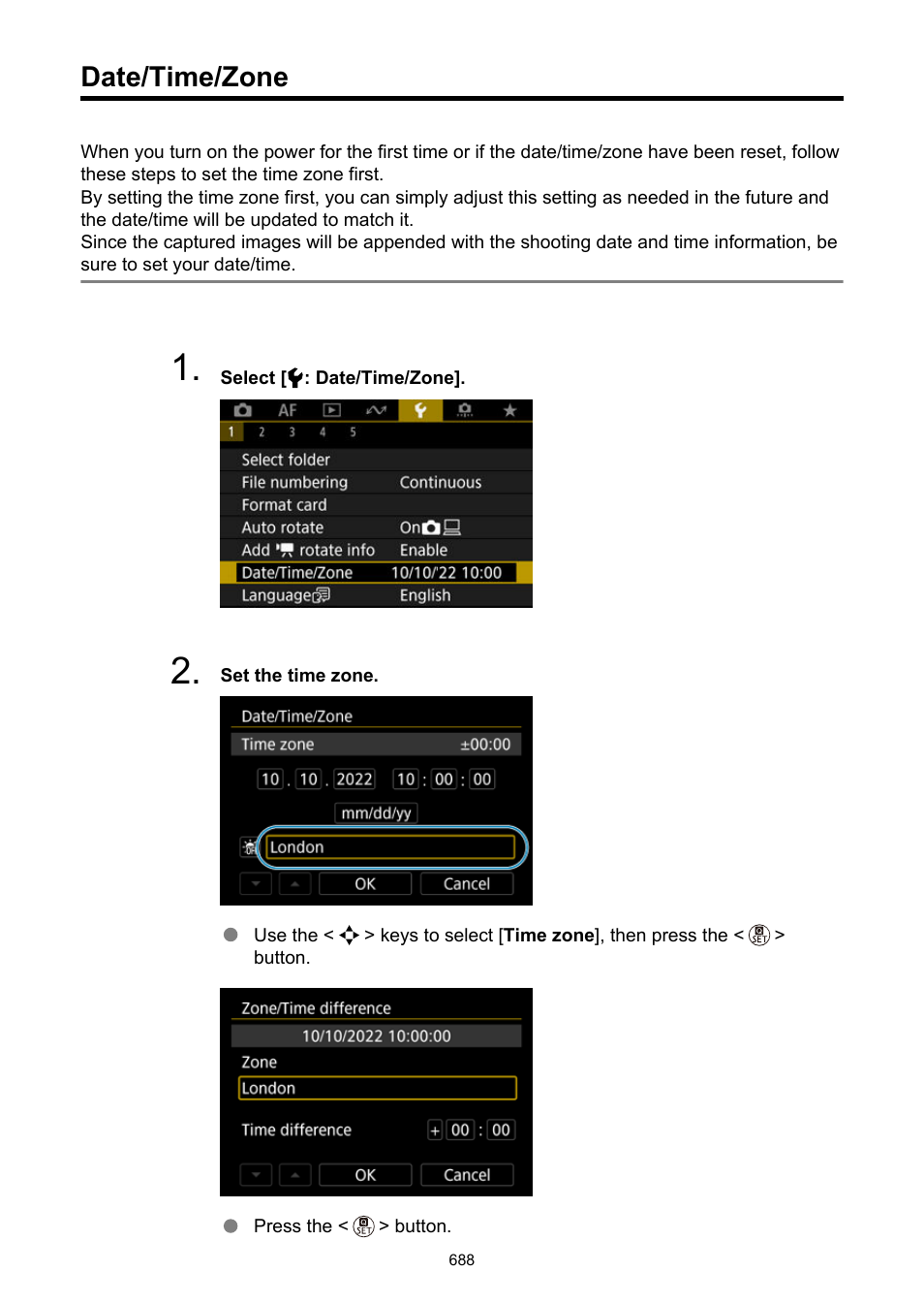 Date/time/zone, Set the | Canon EOS R50 Mirrorless Camera (White) User Manual | Page 688 / 810