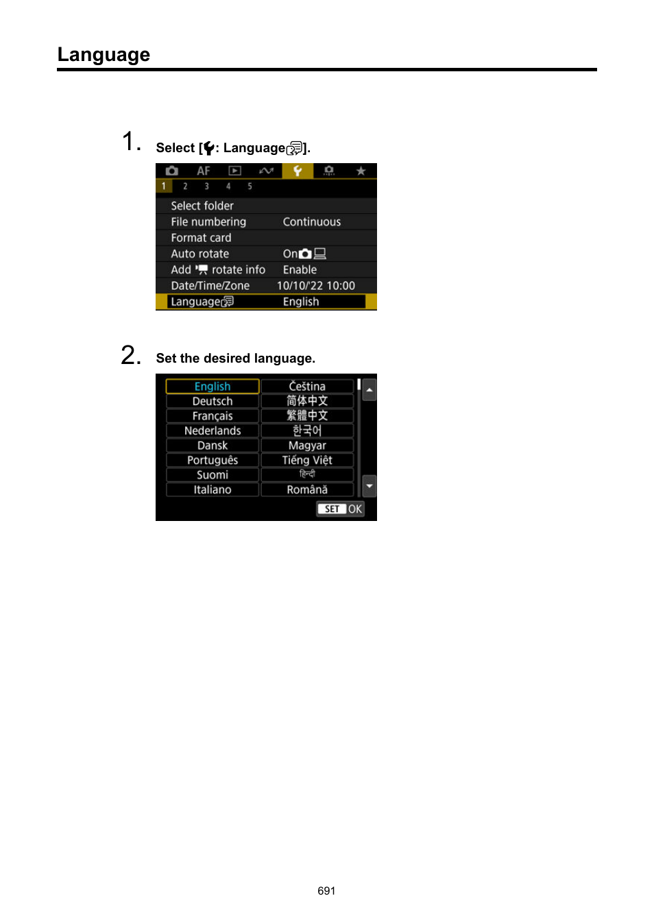 Language, When the language setting screen is displayed, see, Set the | Canon EOS R50 Mirrorless Camera (White) User Manual | Page 691 / 810