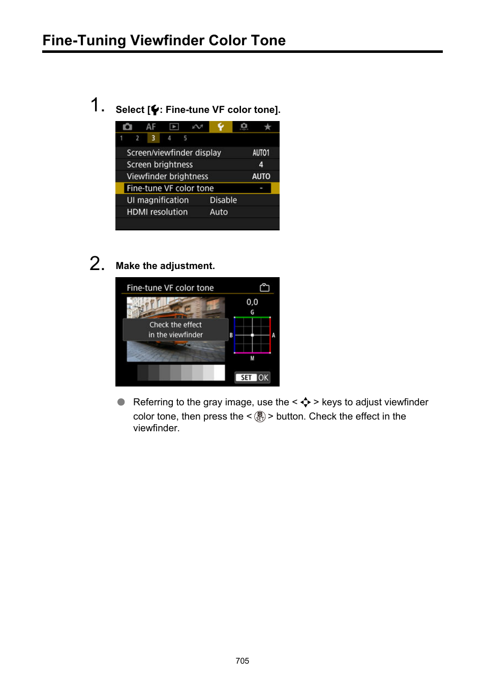 Fine-tuning viewfinder color tone, Fine-tune vf color tone | Canon EOS R50 Mirrorless Camera (White) User Manual | Page 705 / 810