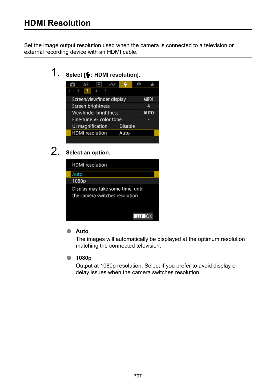 Hdmi resolution | Canon EOS R50 Mirrorless Camera (White) User Manual | Page 707 / 810