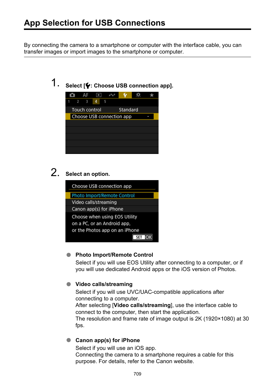 App selection for usb connections, Choose usb connection app | Canon EOS R50 Mirrorless Camera (White) User Manual | Page 709 / 810
