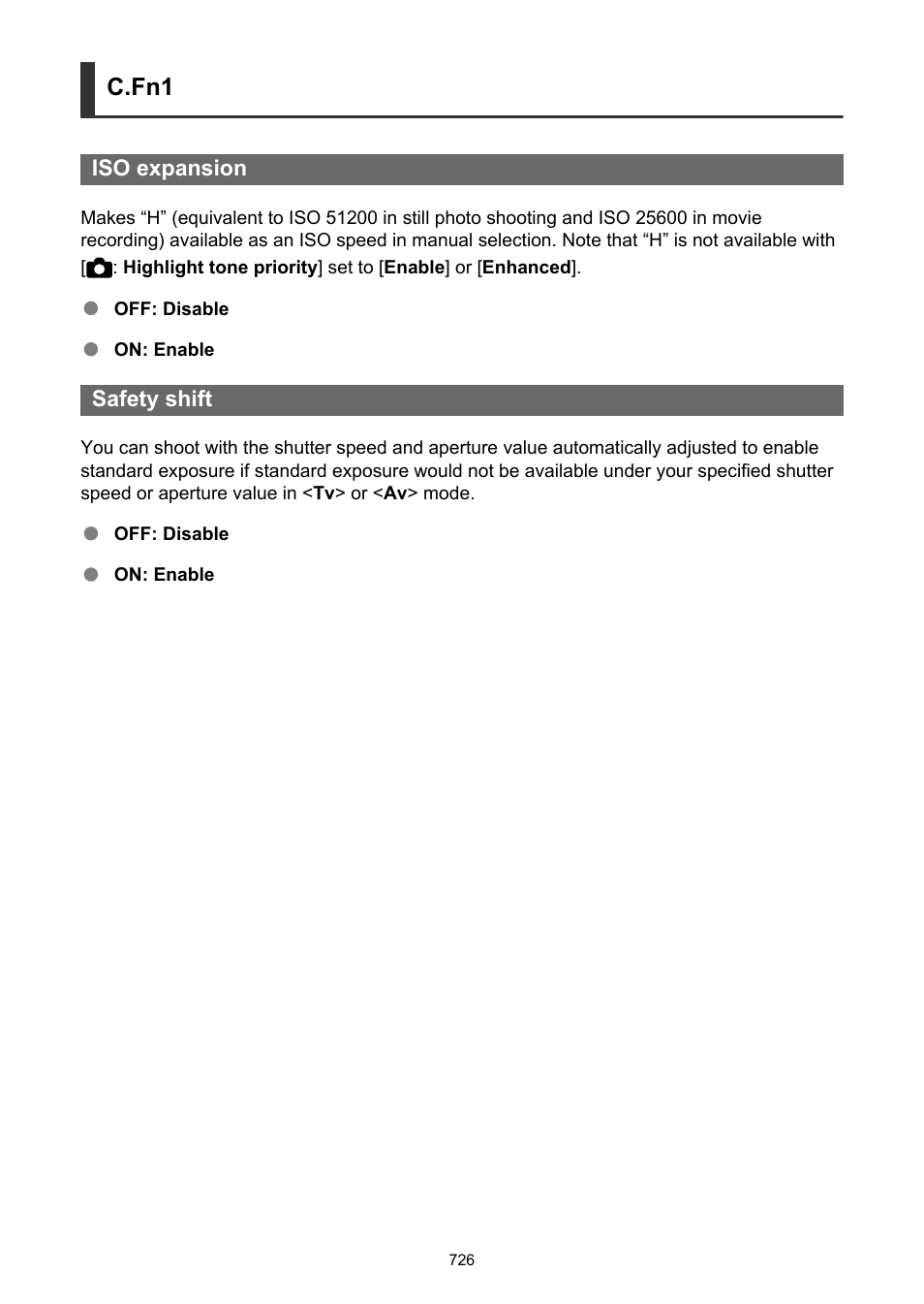 Iso expansion, Safety shift, C.fn1 | Canon EOS R50 Mirrorless Camera (White) User Manual | Page 726 / 810
