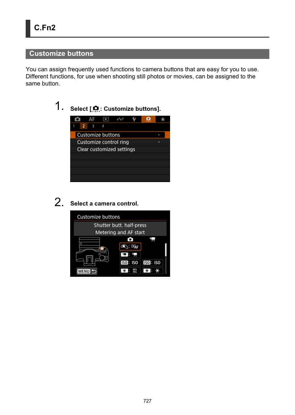 Customize buttons, C.fn2 | Canon EOS R50 Mirrorless Camera (White) User Manual | Page 727 / 810