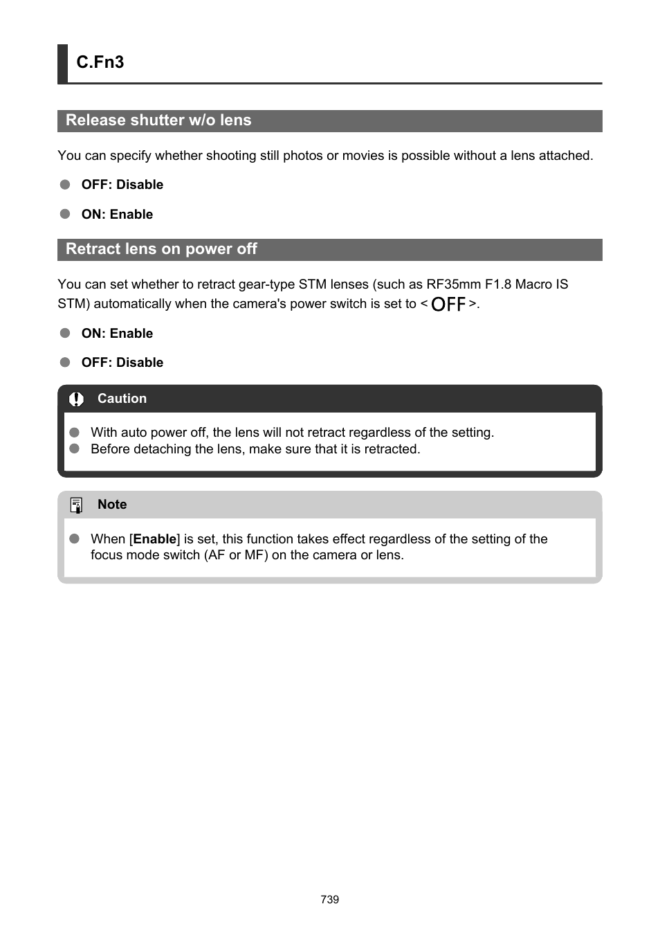 Release shutter w/o lens, Retract lens on power off, C.fn3 | Canon EOS R50 Mirrorless Camera (White) User Manual | Page 739 / 810