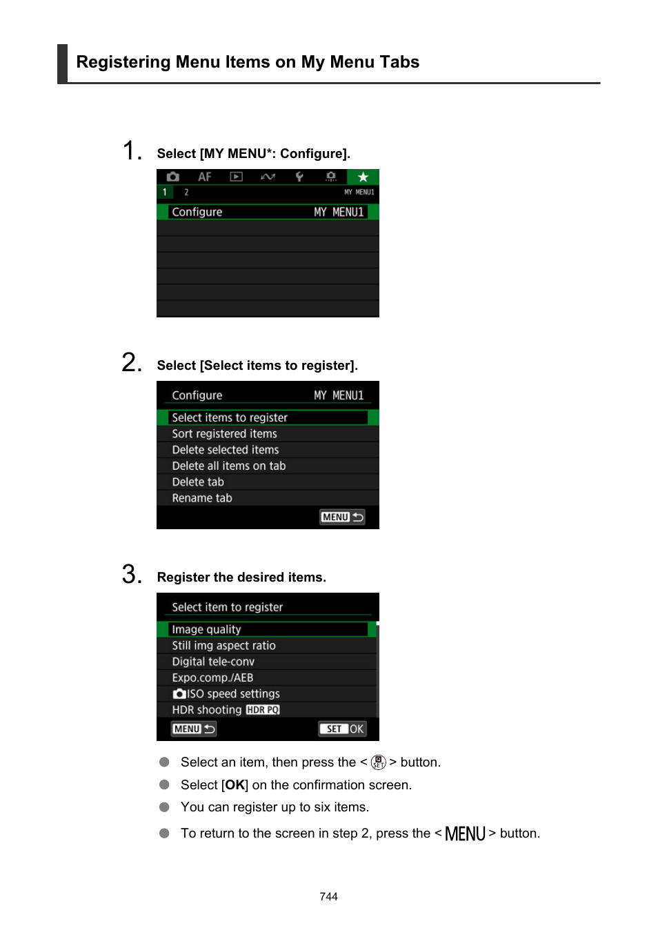 Registering menu items on my menu tabs | Canon EOS R50 Mirrorless Camera (White) User Manual | Page 744 / 810