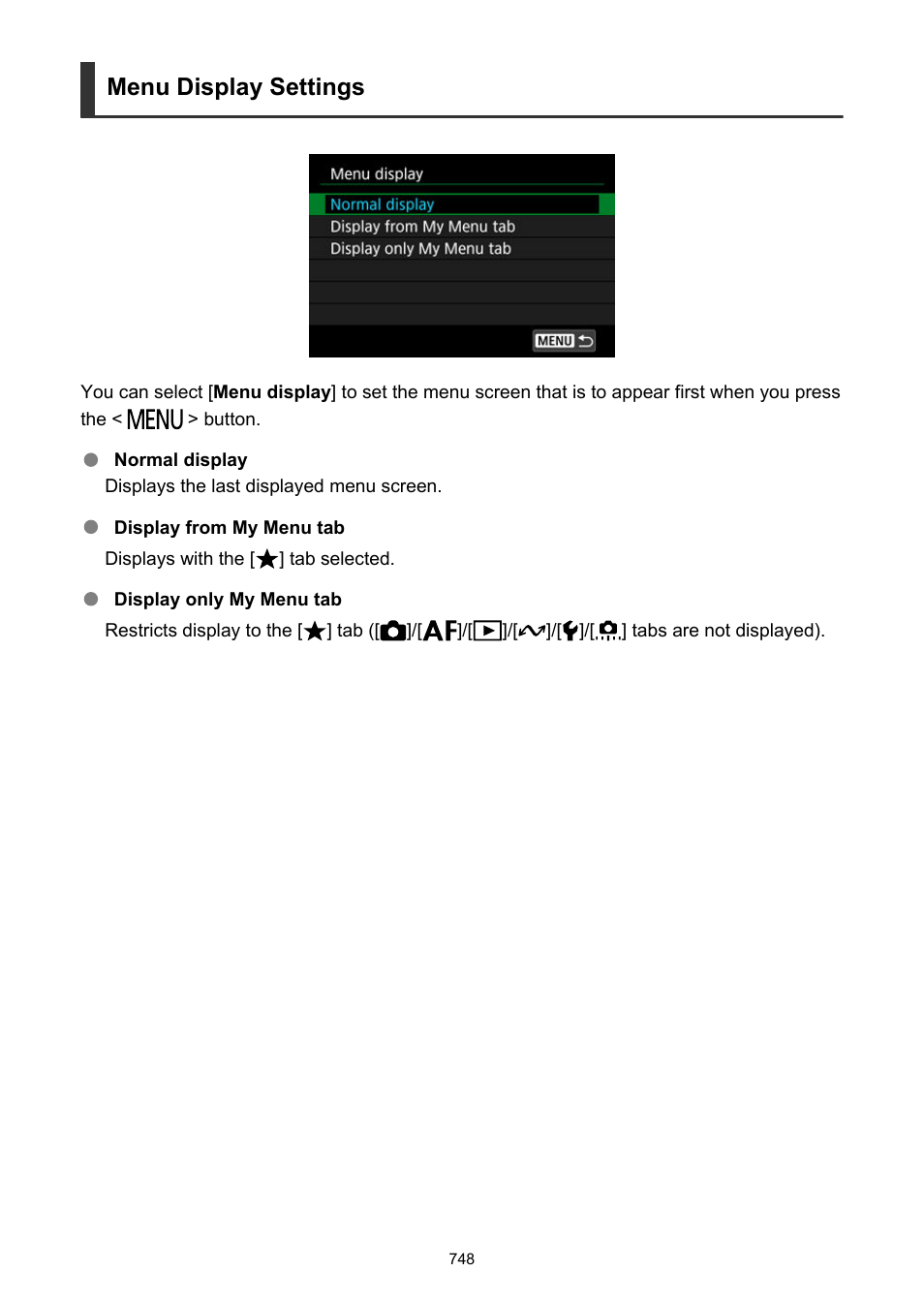 Menu display, Menu display settings | Canon EOS R50 Mirrorless Camera (White) User Manual | Page 748 / 810
