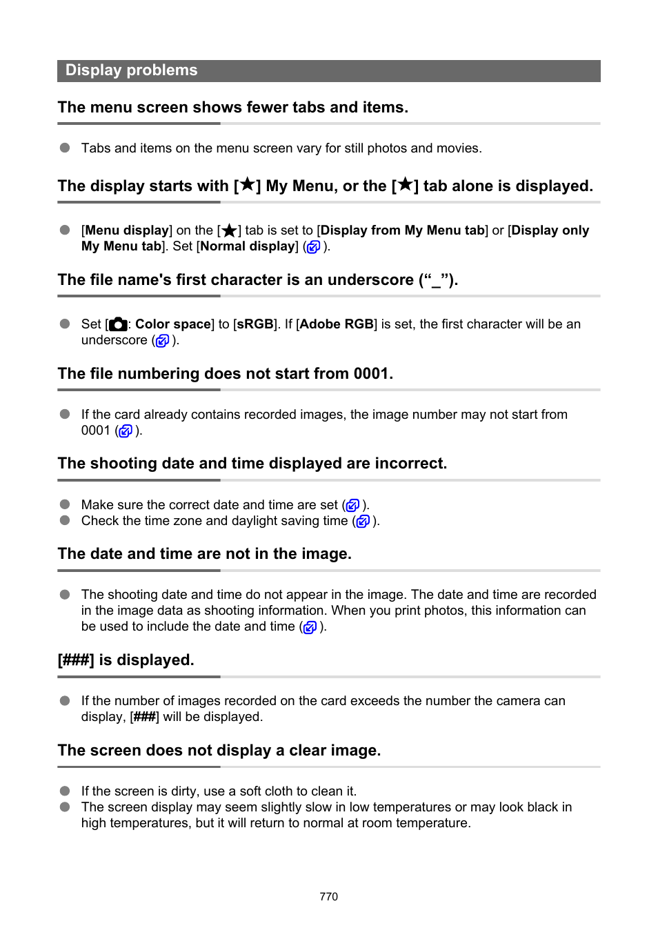 Display problems | Canon EOS R50 Mirrorless Camera (White) User Manual | Page 770 / 810