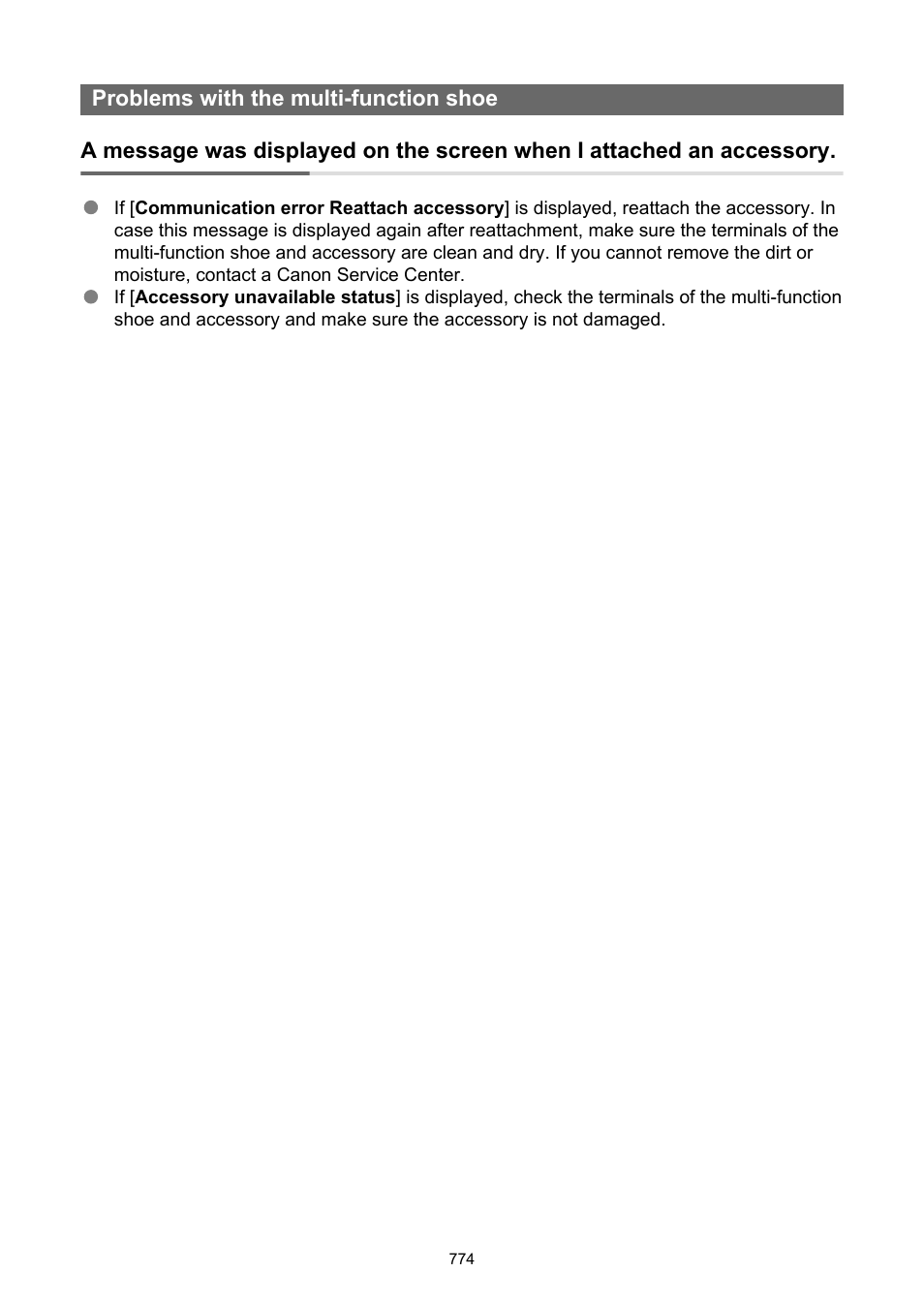 Problems with the multi-function shoe | Canon EOS R50 Mirrorless Camera (White) User Manual | Page 774 / 810