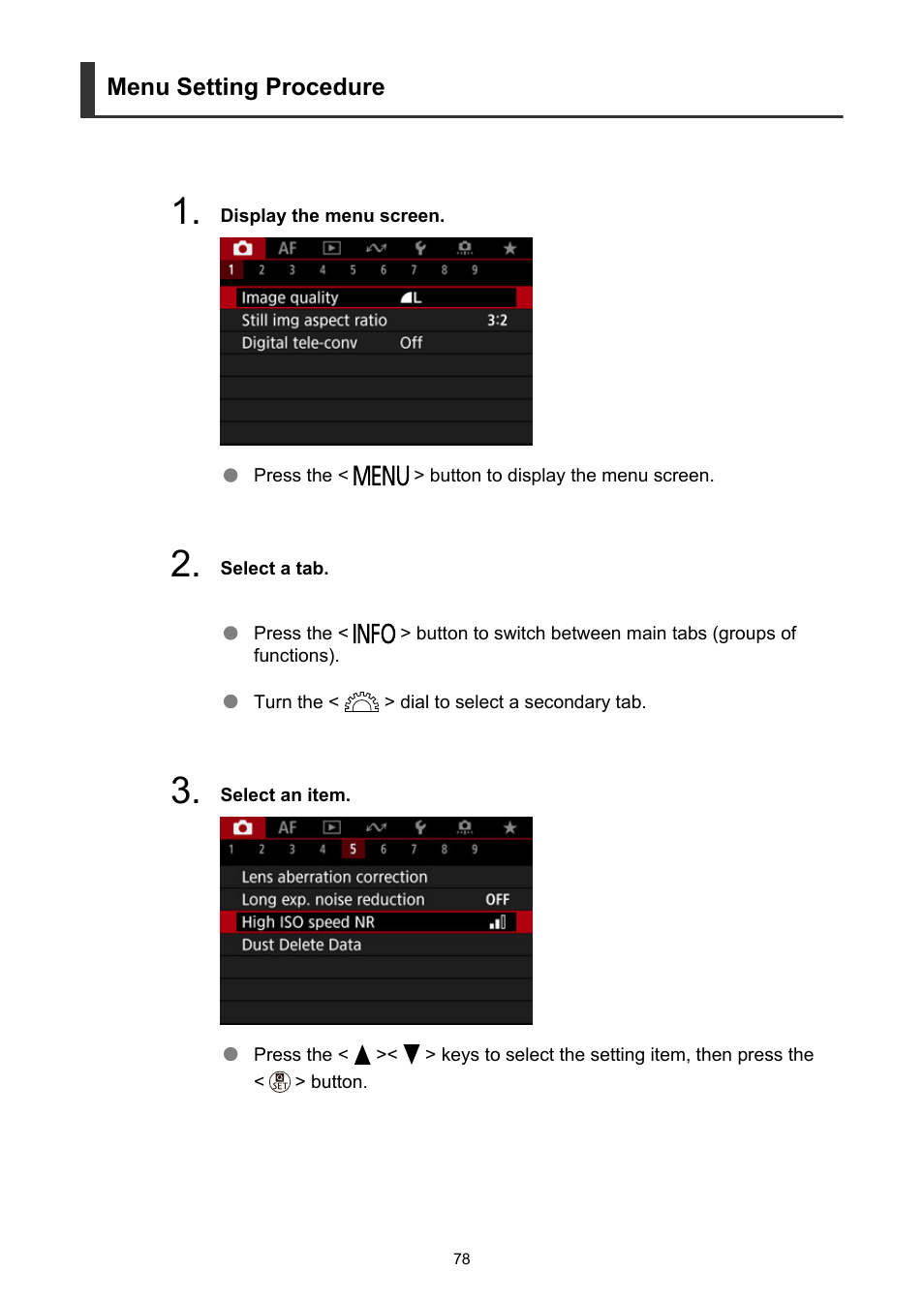 Menu setting procedure | Canon EOS R50 Mirrorless Camera (White) User Manual | Page 78 / 810
