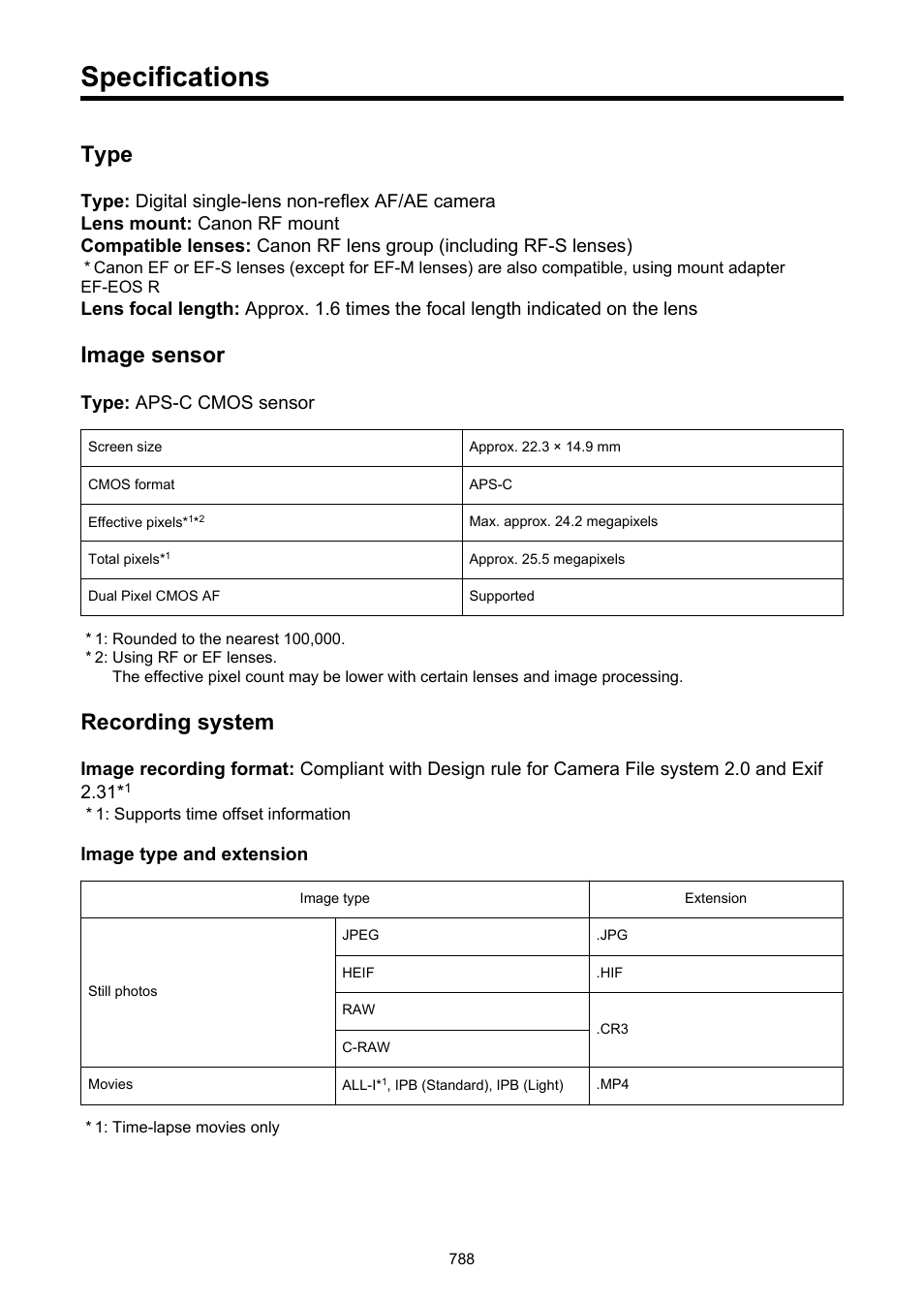 Specifications, Type, Image sensor | Recording system | Canon EOS R50 Mirrorless Camera (White) User Manual | Page 788 / 810