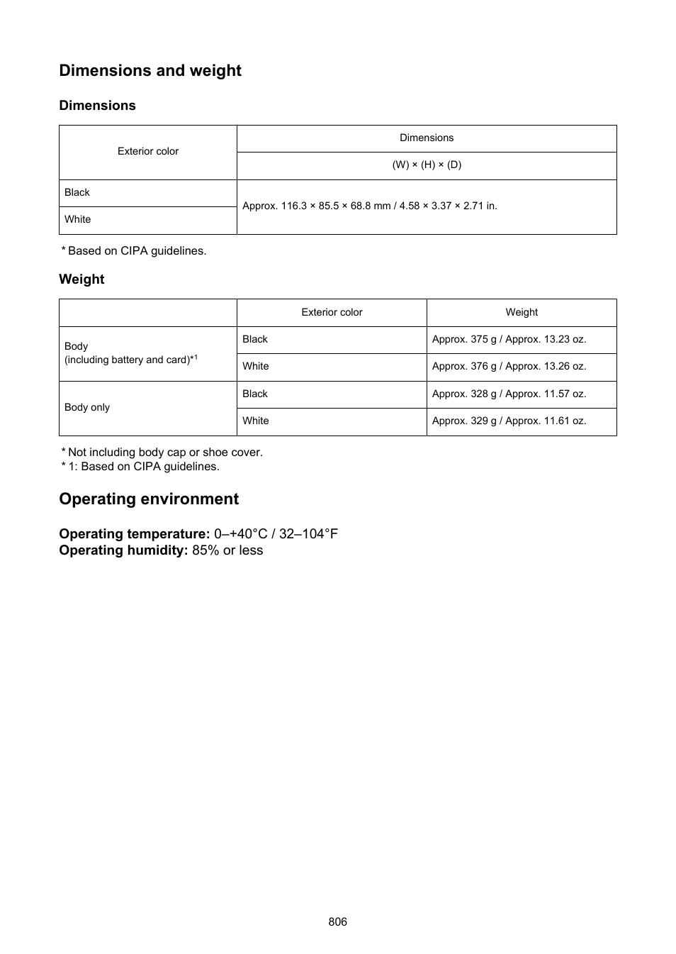 Dimensions and weight, Operating environment | Canon EOS R50 Mirrorless Camera (White) User Manual | Page 806 / 810