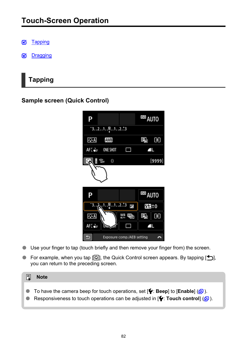 Touch-screen operation, Tapping | Canon EOS R50 Mirrorless Camera (White) User Manual | Page 82 / 810