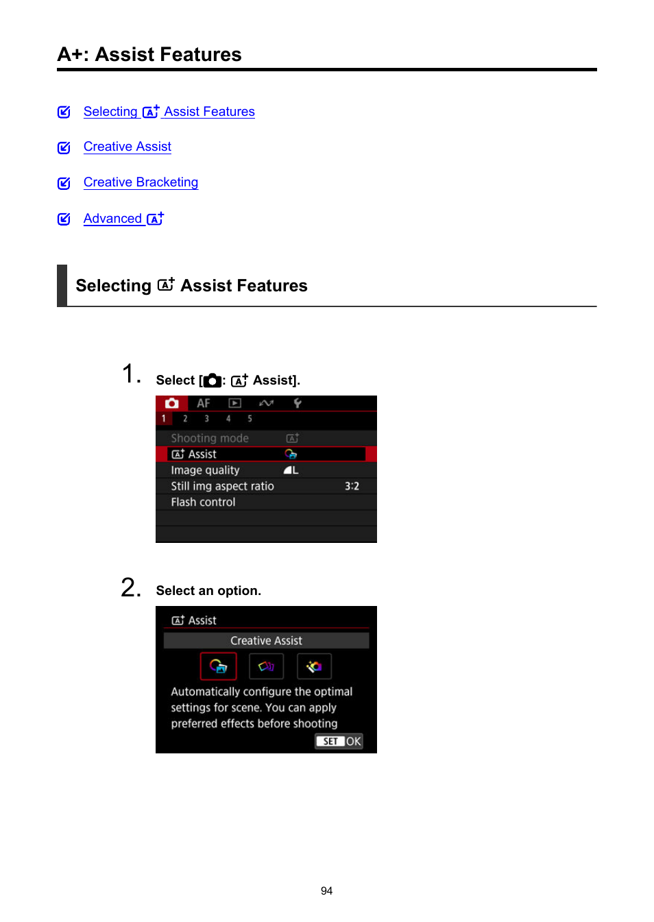 A+: assist features | Canon EOS R50 Mirrorless Camera (White) User Manual | Page 94 / 810