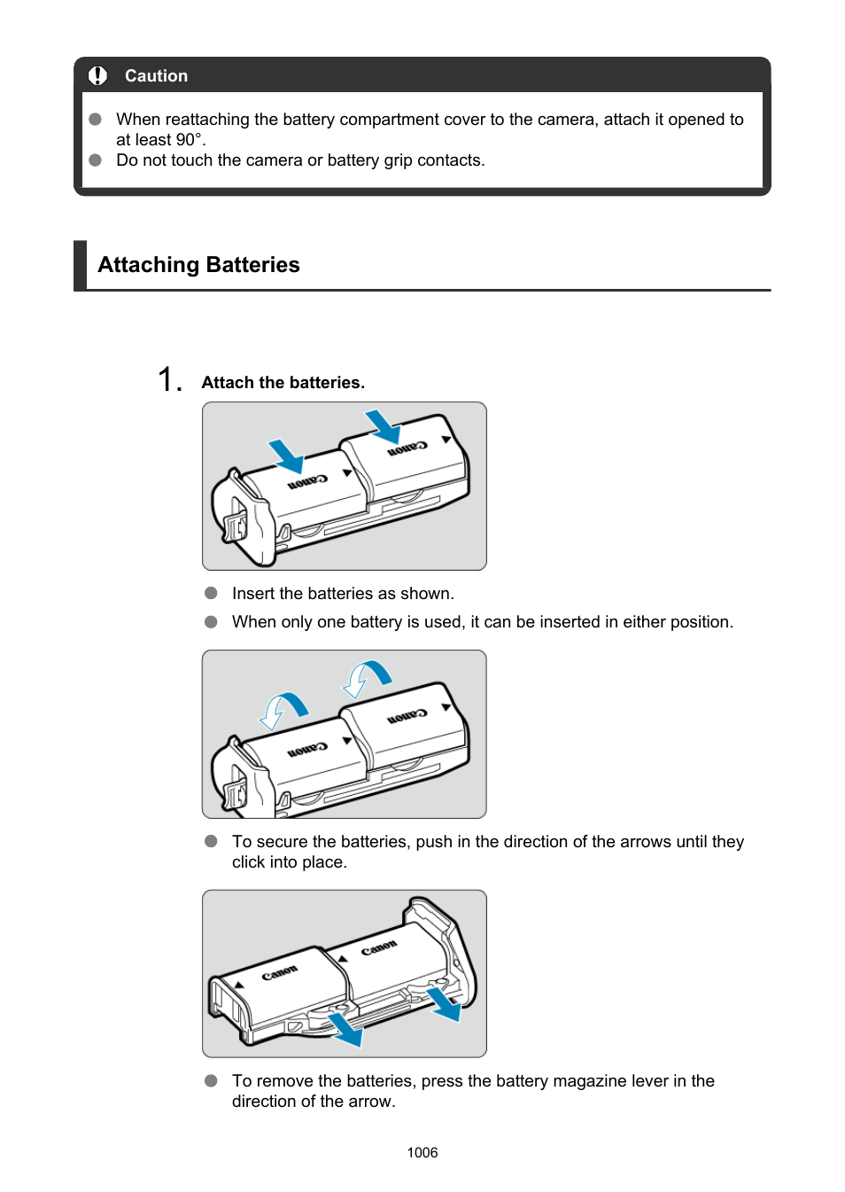 Attaching batteries | Canon EOS R6 Mark II Mirrorless Camera with 24-105mm f/4-7.1 Lens User Manual | Page 1006 / 1074